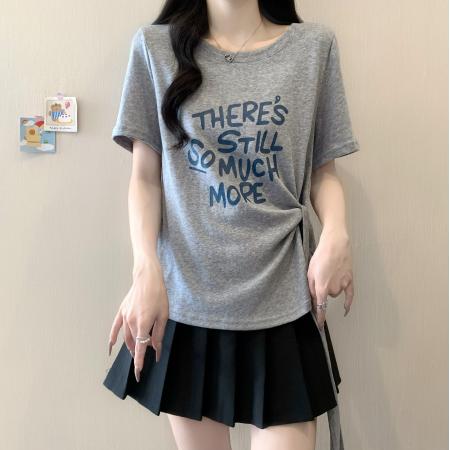 夏季新款胖mm大码字母印花圆领短袖T恤侧腰绑带正肩上衣 服裝批發女裝批發服飾貨源