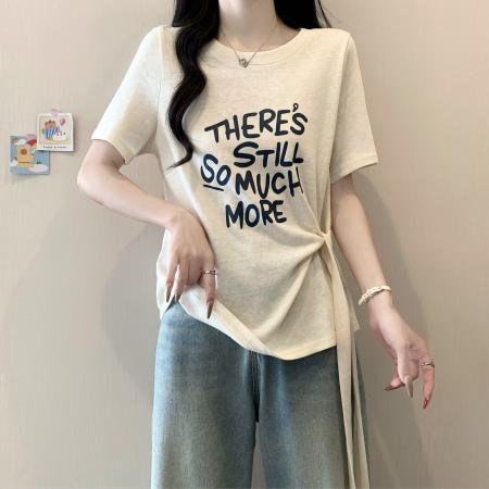 夏季新款胖mm大码字母印花圆领短袖T恤侧腰绑带正肩上衣 服裝批發女裝批發服飾貨源