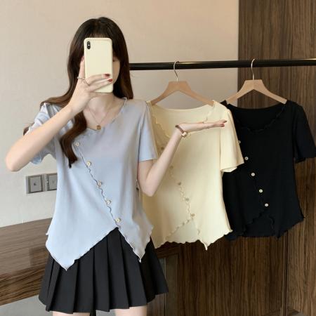 夏装新款胖mm大码女设计感木耳边短袖T恤不规则收腰上衣 服裝批發女裝批發服飾貨源