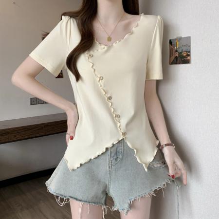 夏装新款胖mm大码女设计感木耳边短袖T恤不规则收腰上衣 服裝批發女裝批發服飾貨源