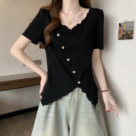 夏装新款胖mm大码女设计感木耳边短袖T恤不规则收腰上衣 服裝批發女裝批發服飾貨源