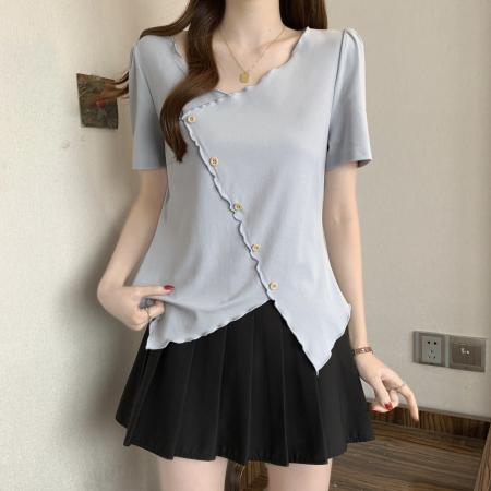 夏装新款胖mm大码女设计感木耳边短袖T恤不规则收腰上衣 服裝批發女裝批發服飾貨源