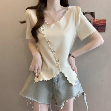 夏装新款胖mm大码女设计感木耳边短袖T恤不规则收腰上衣 服裝批發女裝批發服飾貨源
