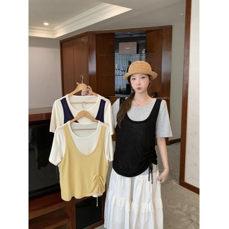 夏装新款胖mm大码女拼接假两件短袖针织衫设计感抽绳上衣 服裝批發女裝批發服飾貨源