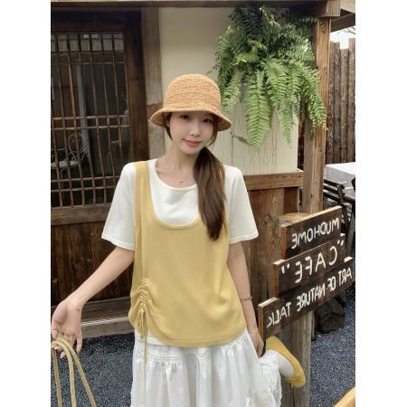 夏装新款胖mm大码女拼接假两件短袖针织衫设计感抽绳上衣 服裝批發女裝批發服飾貨源