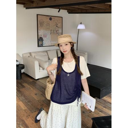 夏装新款胖mm大码女拼接假两件短袖针织衫设计感抽绳上衣 服裝批發女裝批發服飾貨源