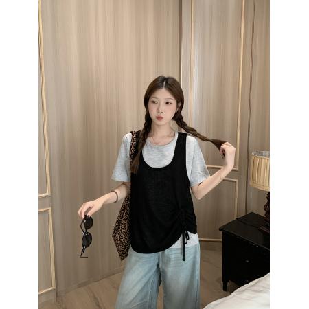 夏装新款胖mm大码女拼接假两件短袖针织衫设计感抽绳上衣 服裝批發女裝批發服飾貨源