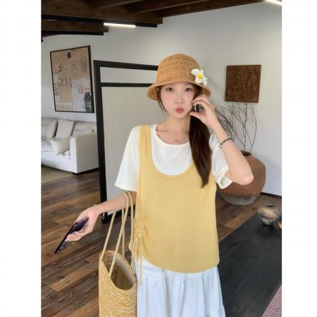 夏装新款胖mm大码女拼接假两件短袖针织衫设计感抽绳上衣 服裝批發女裝批發服飾貨源