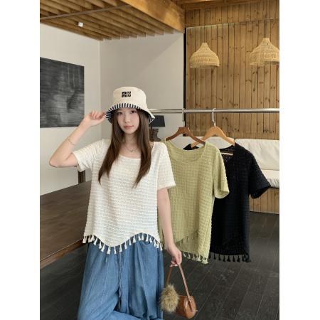 夏季新款胖mm大码女法式镂空流苏长袖T恤不规则圆领上衣 服裝批發女裝批發服飾貨源