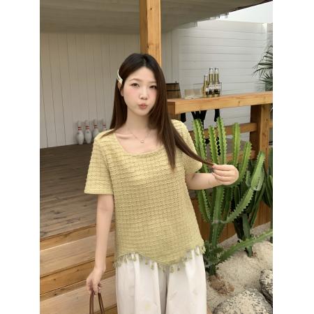 夏季新款胖mm大码女法式镂空流苏长袖T恤不规则圆领上衣 服裝批發女裝批發服飾貨源