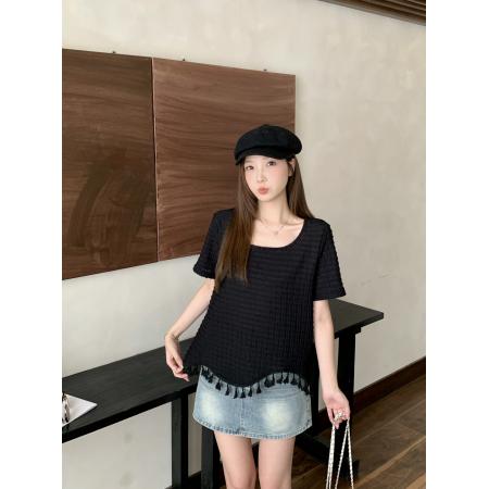 夏季新款胖mm大码女法式镂空流苏长袖T恤不规则圆领上衣 服裝批發女裝批發服飾貨源