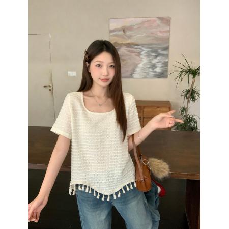 夏季新款胖mm大码女法式镂空流苏长袖T恤不规则圆领上衣 服裝批發女裝批發服飾貨源