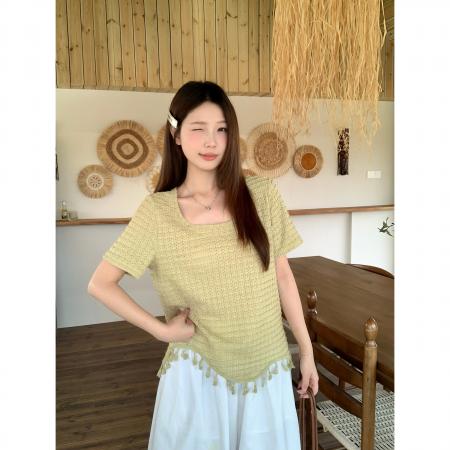 夏季新款胖mm大码女法式镂空流苏长袖T恤不规则圆领上衣 服裝批發女裝批發服飾貨源