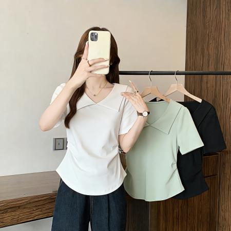 夏季新款胖mm大码娃娃领褶皱短袖T恤收腰修身显瘦上衣 服裝批發女裝批發服飾貨源