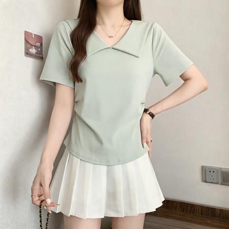 夏季新款胖mm大码娃娃领褶皱短袖T恤收腰修身显瘦上衣 服裝批發女裝批發服飾貨源