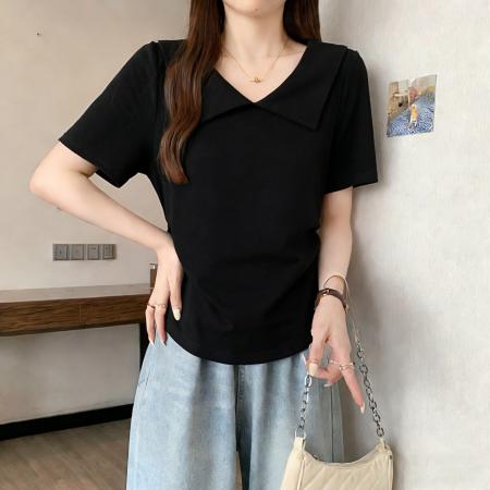 夏季新款胖mm大码娃娃领褶皱短袖T恤收腰修身显瘦上衣 服裝批發女裝批發服飾貨源
