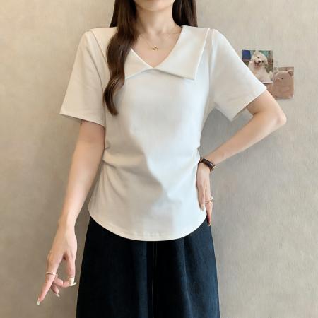 夏季新款胖mm大码娃娃领褶皱短袖T恤收腰修身显瘦上衣 服裝批發女裝批發服飾貨源