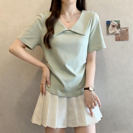 夏季新款胖mm大码娃娃领褶皱短袖T恤收腰修身显瘦上衣 服裝批發女裝批發服飾貨源