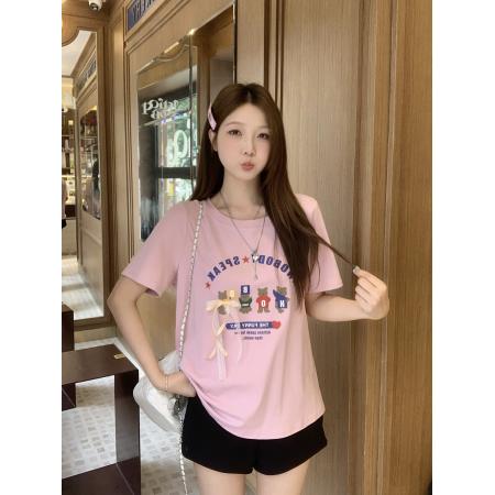 夏季新款胖mm大码韩系卡通字母印花蝴蝶结慵懒风宽松T恤 服裝批發女裝批發服飾貨源