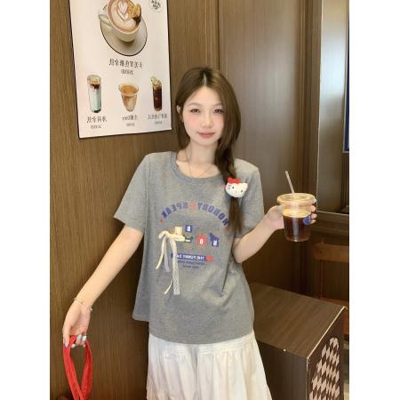 夏季新款胖mm大码韩系卡通字母印花蝴蝶结慵懒风宽松T恤 服裝批發女裝批發服飾貨源