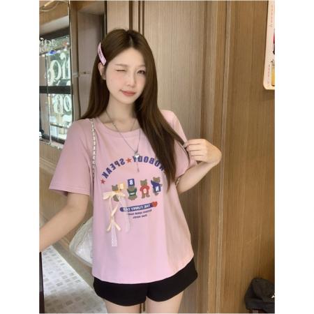 夏季新款胖mm大码韩系卡通字母印花蝴蝶结慵懒风宽松T恤 服裝批發女裝批發服飾貨源