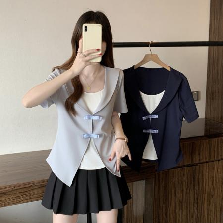 夏季新款胖mm大码女海军领假两件短袖T恤设计感修身上衣 服裝批發女裝批發服飾貨源