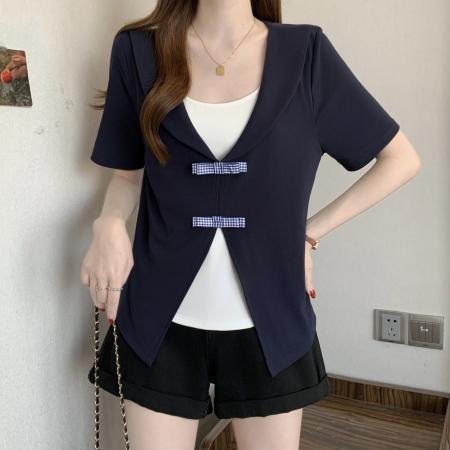 夏季新款胖mm大码女海军领假两件短袖T恤设计感修身上衣 服裝批發女裝批發服飾貨源