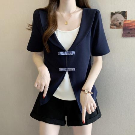 夏季新款胖mm大码女海军领假两件短袖T恤设计感修身上衣 服裝批發女裝批發服飾貨源