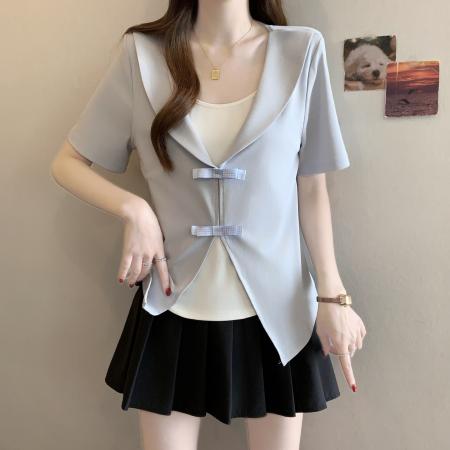 夏季新款胖mm大码女海军领假两件短袖T恤设计感修身上衣 服裝批發女裝批發服飾貨源