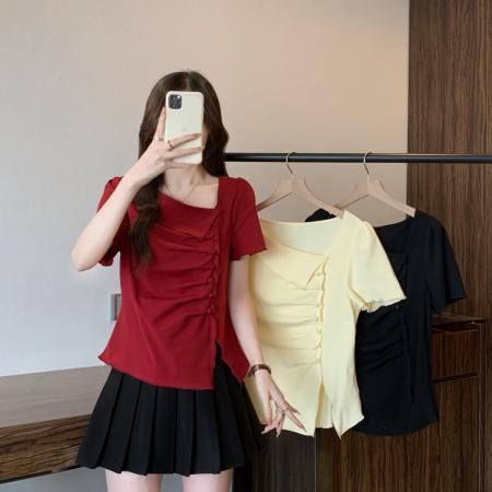 夏装新款胖mm大码女斜领不规则短袖T恤修身收腰褶皱上衣 服裝批發女裝批發服飾貨源