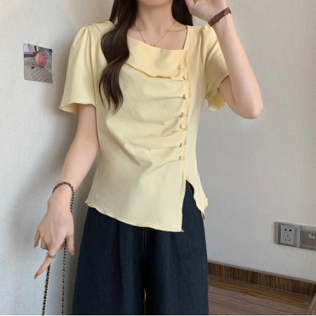 夏装新款胖mm大码女斜领不规则短袖T恤修身收腰褶皱上衣 服裝批發女裝批發服飾貨源