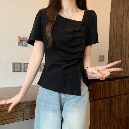 夏装新款胖mm大码女斜领不规则短袖T恤修身收腰褶皱上衣 服裝批發女裝批發服飾貨源