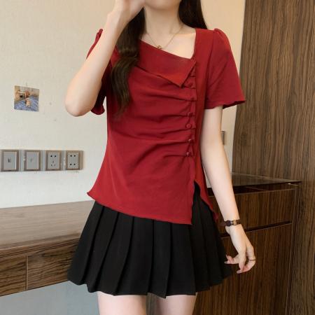 夏装新款胖mm大码女斜领不规则短袖T恤修身收腰褶皱上衣 服裝批發女裝批發服飾貨源