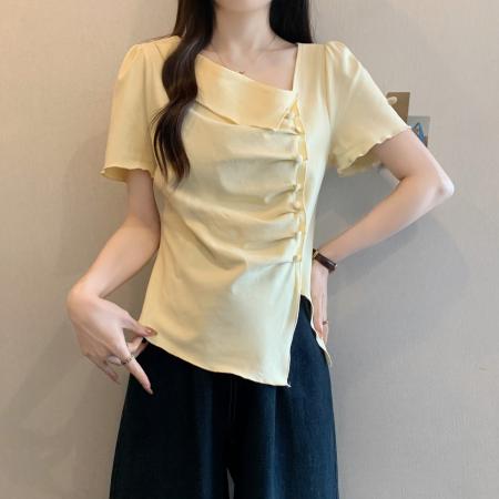 夏装新款胖mm大码女斜领不规则短袖T恤修身收腰褶皱上衣 服裝批發女裝批發服飾貨源
