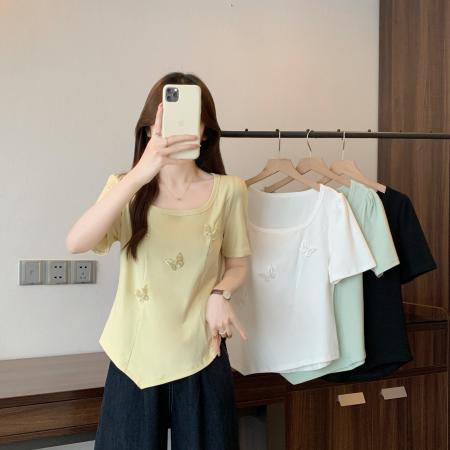 大码夏季蝴蝶正肩短袖T恤女设计感修身显瘦遮肚百搭上衣 服裝批發女裝批發服飾貨源