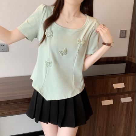 大码夏季蝴蝶正肩短袖T恤女设计感修身显瘦遮肚百搭上衣 服裝批發女裝批發服飾貨源