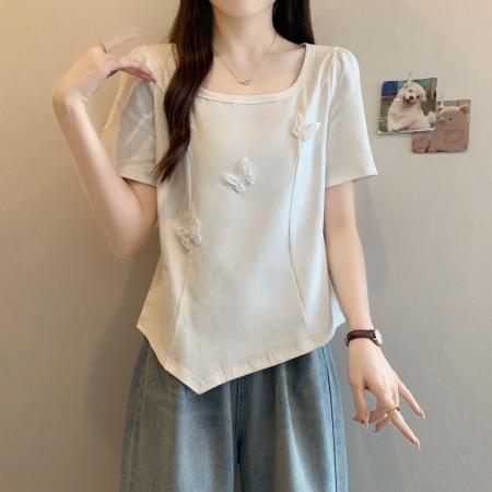 大码夏季蝴蝶正肩短袖T恤女设计感修身显瘦遮肚百搭上衣 服裝批發女裝批發服飾貨源