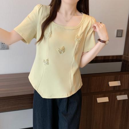 大码夏季蝴蝶正肩短袖T恤女设计感修身显瘦遮肚百搭上衣 服裝批發女裝批發服飾貨源