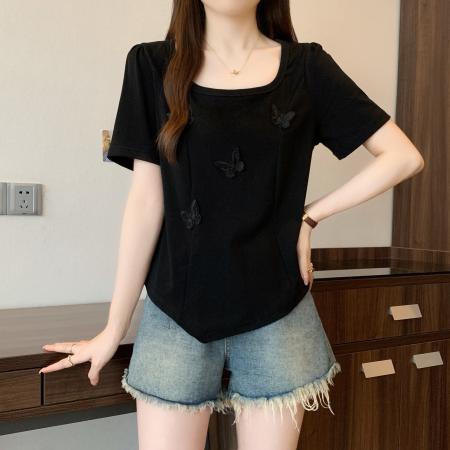 大码夏季蝴蝶正肩短袖T恤女设计感修身显瘦遮肚百搭上衣 服裝批發女裝批發服飾貨源