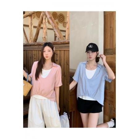 大码韩系假两件衬衣夏季新款胖mm遮肉显瘦翻领短袖上衣女 服裝批發女裝批發服飾貨源