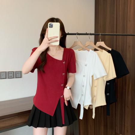 大码短袖T恤女夏季韩系小众设计感蝴蝶结不规则短袖上衣 服裝批發女裝批發服飾貨源