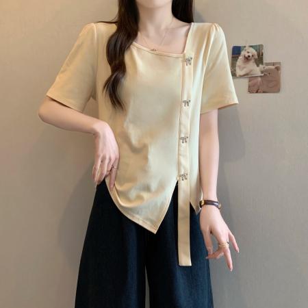 大码短袖T恤女夏季韩系小众设计感蝴蝶结不规则短袖上衣 服裝批發女裝批發服飾貨源