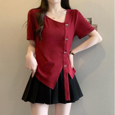 大码短袖T恤女夏季韩系小众设计感蝴蝶结不规则短袖上衣 服裝批發女裝批發服飾貨源
