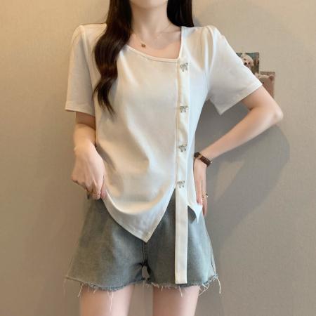 大码短袖T恤女夏季韩系小众设计感蝴蝶结不规则短袖上衣 服裝批發女裝批發服飾貨源