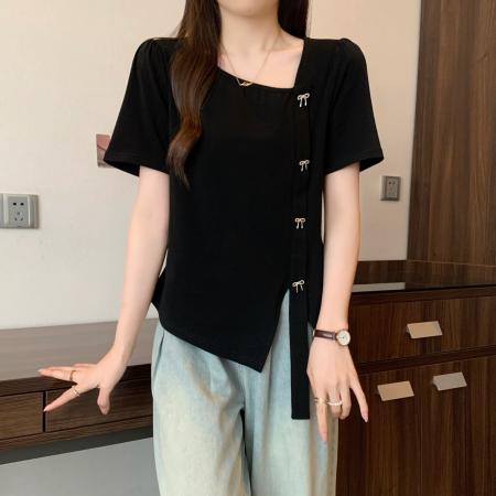 大码短袖T恤女夏季韩系小众设计感蝴蝶结不规则短袖上衣 服裝批發女裝批發服飾貨源