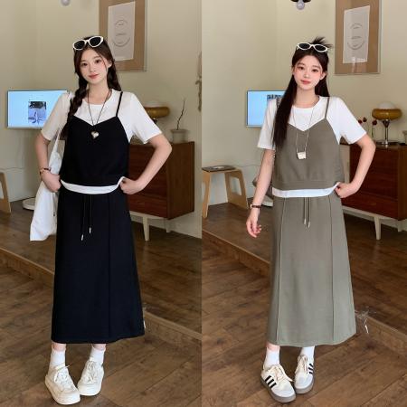 夏季新款胖mm大码女假两件短袖T恤半身裙套装休闲两件套 服裝批發女裝批發服飾貨源