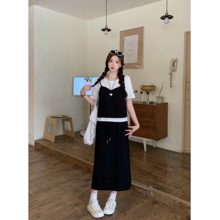 夏季新款胖mm大码女假两件短袖T恤半身裙套装休闲两件套 服裝批發女裝批發服飾貨源