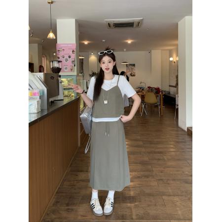 夏季新款胖mm大码女假两件短袖T恤半身裙套装休闲两件套 服裝批發女裝批發服飾貨源