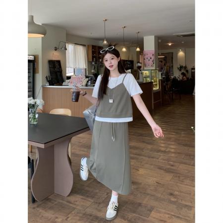 夏季新款胖mm大码女假两件短袖T恤半身裙套装休闲两件套 服裝批發女裝批發服飾貨源