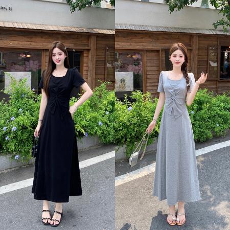 夏季新款胖mm大码扭结设计感法式连衣裙假两件气质长裙子 服裝批發女裝批發服飾貨源